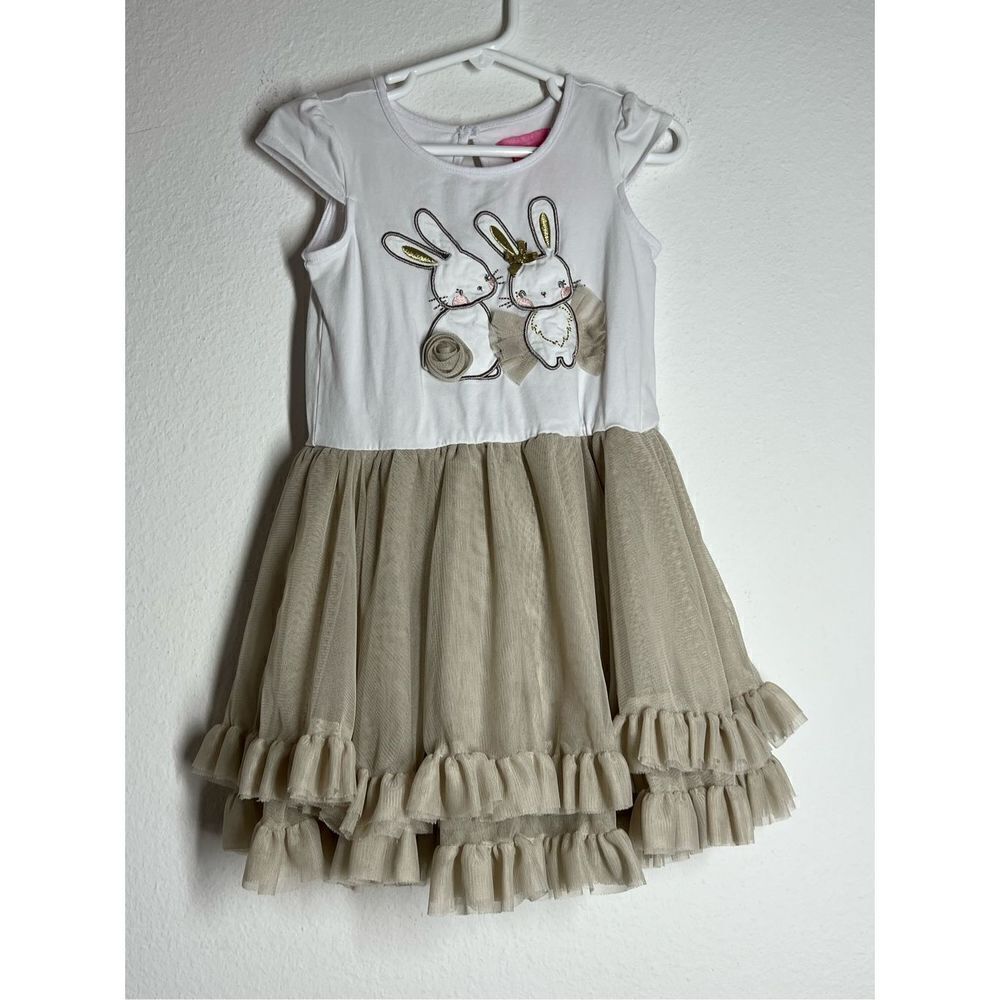 Isaac Mizrahi Sz 3t Taffeta Bunnies Party Dress White & Tan Bunnies Easter